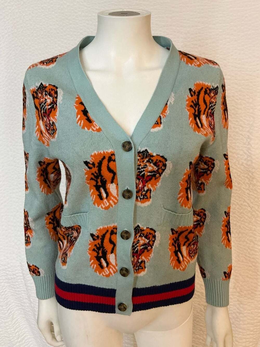 Gucci Tiger Cardigan Size M Blue Wool Blend Tiger Head Jacquard